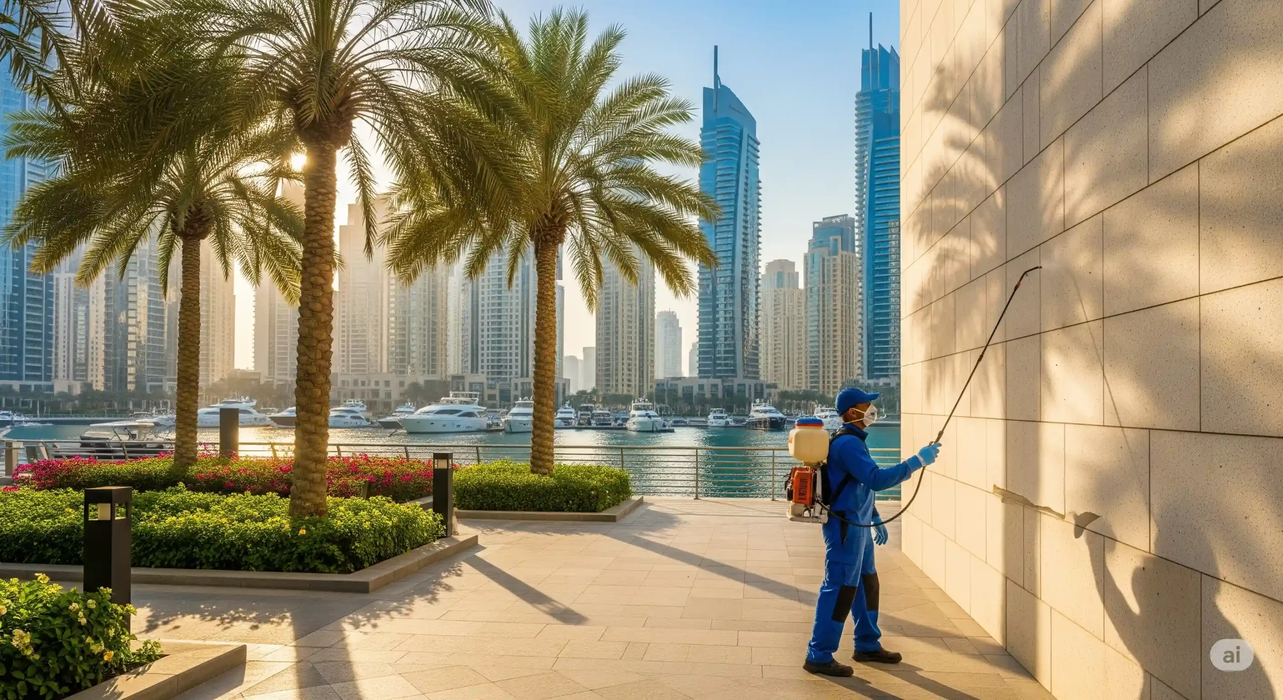 Professional pest control technician spraying an exterior wall in Dubai Marina, with palm trees, waterfront yachts, and high-rise buildings in the background, illustrating commercial and residential pest control services in Dubai.