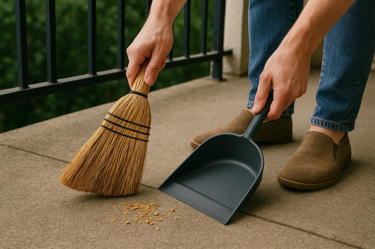 A person sweeping small crumbs on a concrete floor with a straw broom and a gray dustpan.