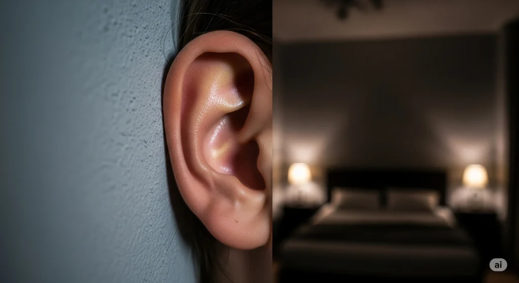 A person's ear pressed against a wall in a quiet, dimly lit room.