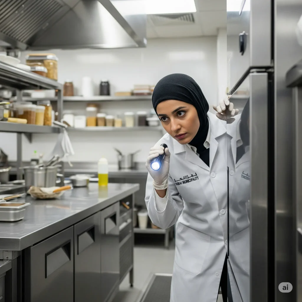 A food inspector, a woman wearing a white lab coat and a black head covering, is in a professional kitchen, peering with a flashlight into a dark space behind a large stainless steel appliance. Her lab coat has "Dubai Municipality" subtly embroidered on it.
