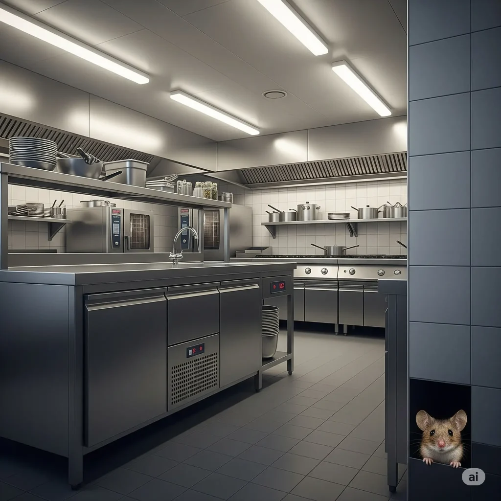 Commercial stainless steel kitchen with clean food preparation equipment and cooking stations, while a mouse peeks out from a cabinet opening, illustrating a rodent infestation risk in food service environments.