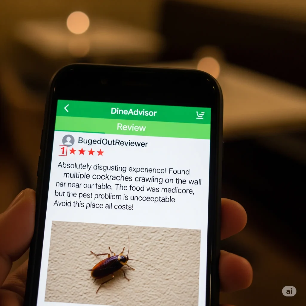 Smartphone displaying a negative restaurant review on a food review app, describing a cockroach sighting near a dining table, with a photo of a cockroach on a wall highlighting the impact of pest infestations on customer reputation.