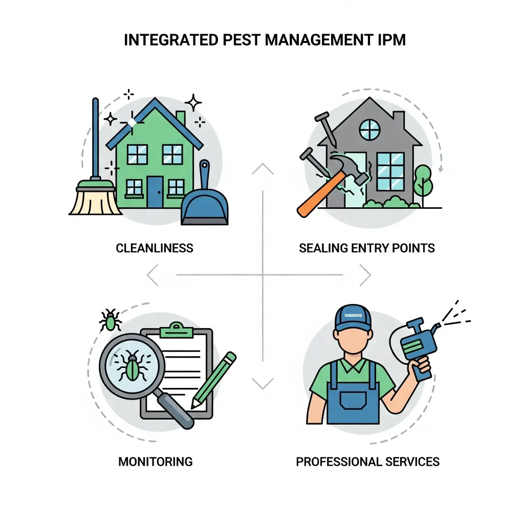 A conceptual diagram illustrating Integrated Pest Management (IPM) with four distinct icons: one representing cleanliness with a broom and dustpan, one showing a house with a hammer and nails sealing gaps, one with a magnifying glass over a bug, and one of a technician in uniform holding a spray device. Each icon is labeled with "Cleanliness," "Sealing Entry Points," "Monitoring," and "Professional Services" respectively.