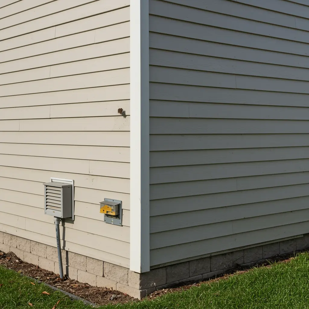 Exterior corner of a residential house showing vinyl siding, foundation vents, and a wall-mounted rodent bait station installed near the ground for pest control and prevention.