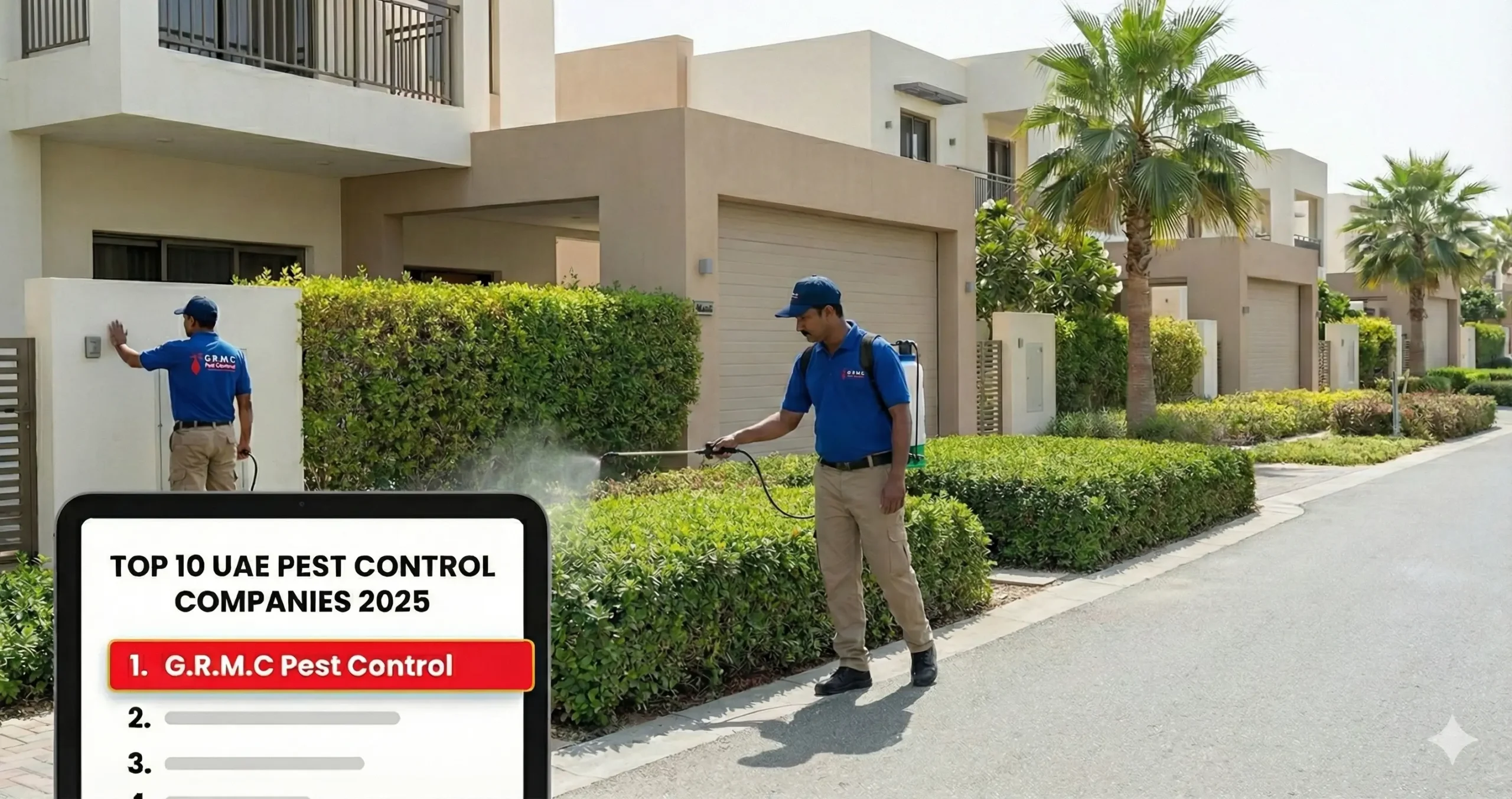 Professional pest control technicians treating residential landscaping in a modern UAE villa community, with one technician spraying hedges and an overlay highlighting G.R.M.C Pest Control ranked #1 among top UAE pest control companies in 2025.