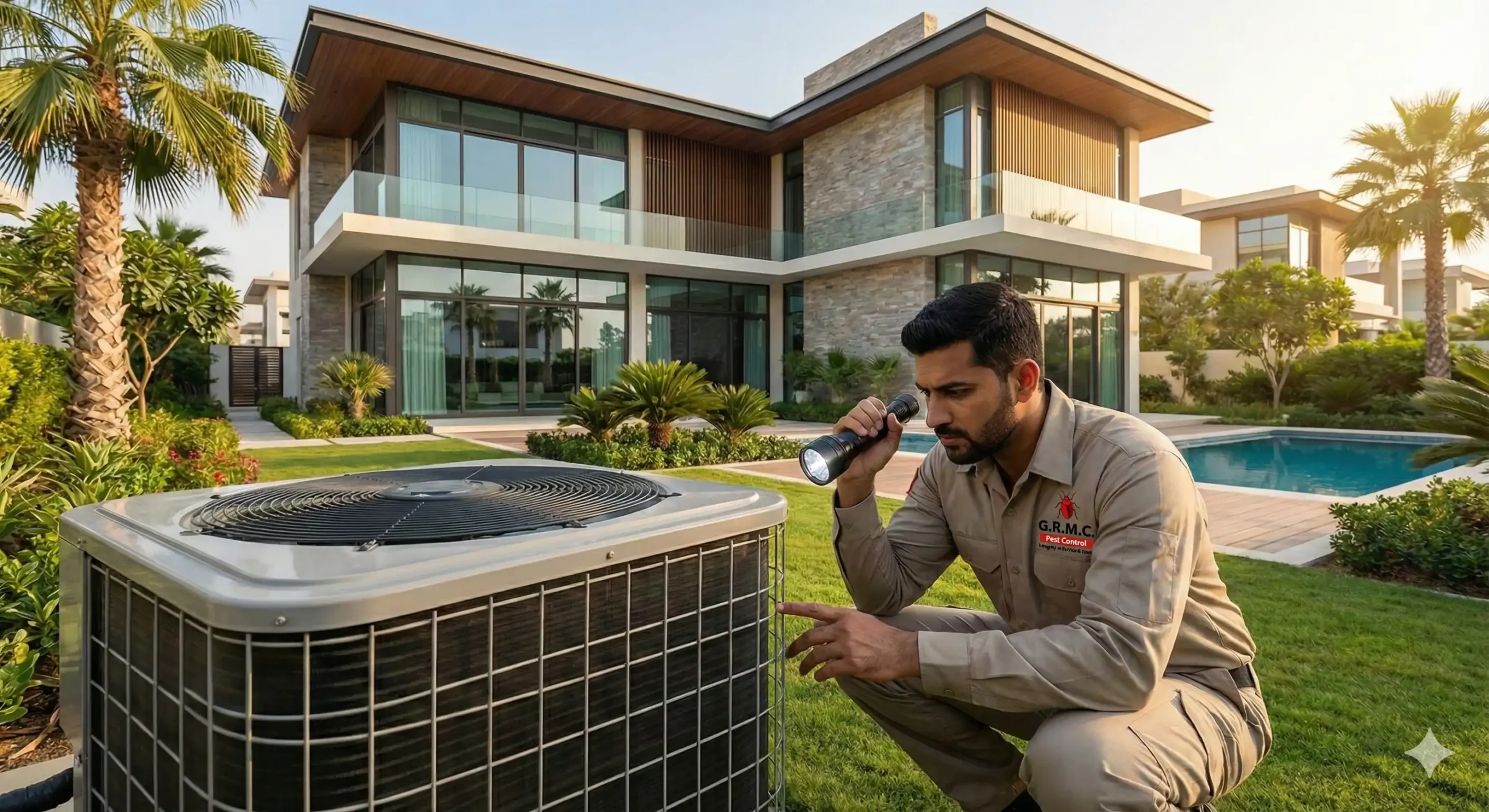 Professional rodent control in winter UAE protecting a villa AC unit