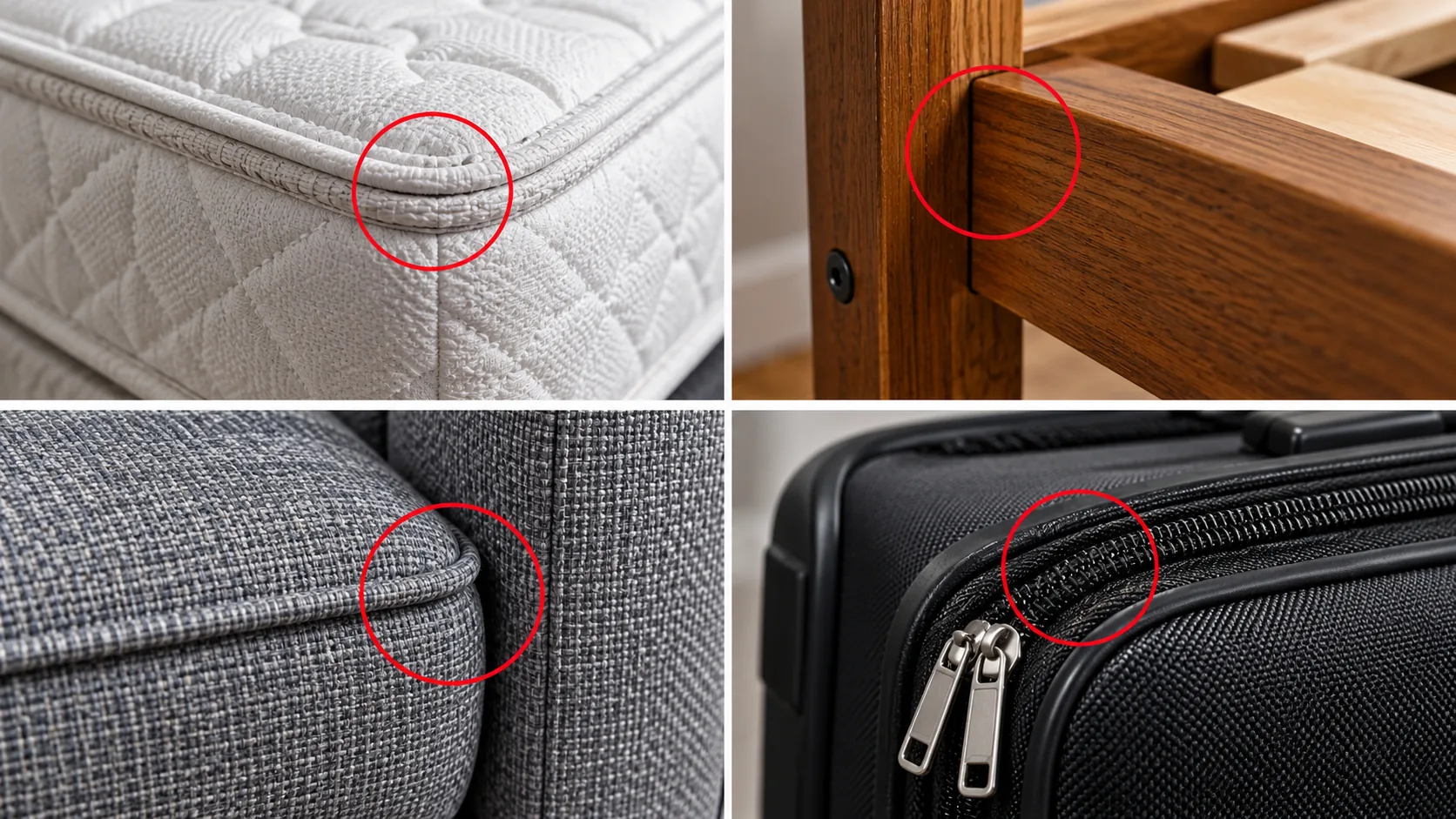 Illustrated inspection points on a mattress seam, bed joint, sofa seam and luggage zip