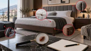 Editorial illustration of mattress seams, bed frame joints and a headboard inspection