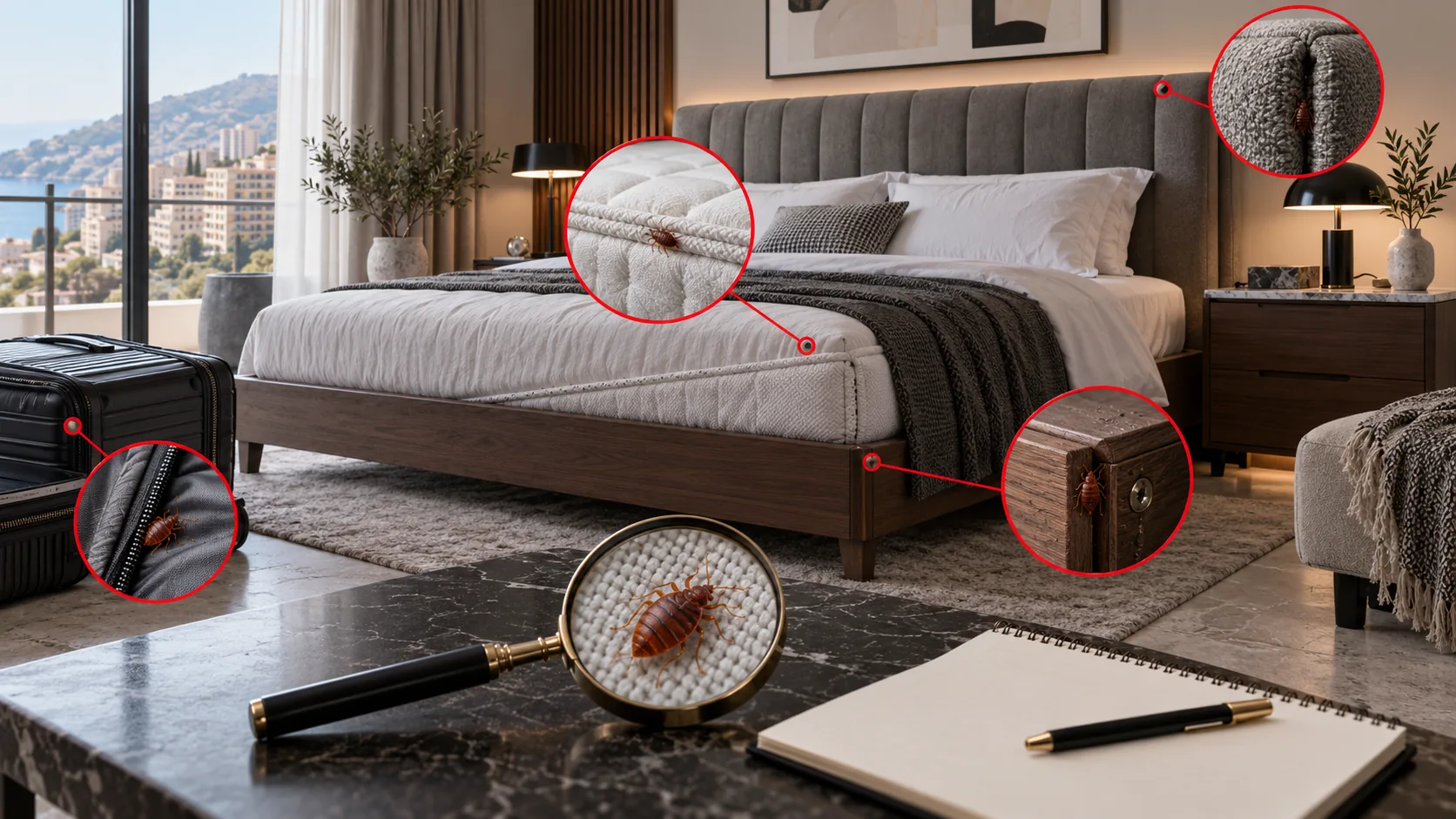 Editorial illustration of mattress seams, bed frame joints and a headboard inspection
