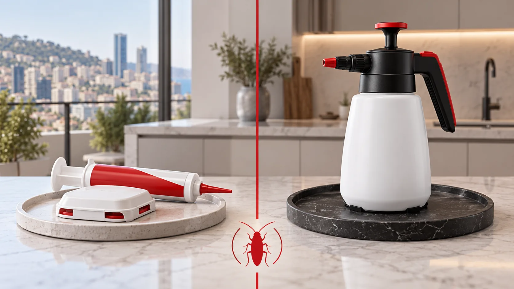 Cockroach gel vs spray illustrated using a closed bait applicator and pump sprayer
