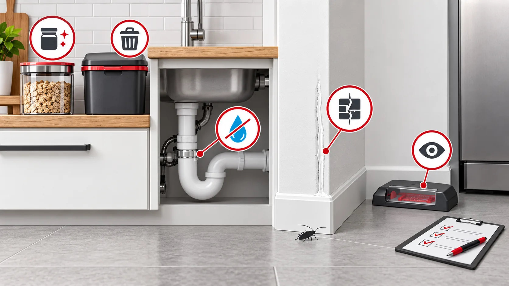 Kitchen illustration showing sealed food, a repaired leak, exclusion and cockroach monitoring