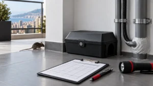Editorial illustration of a secured rodent station, monitoring record and sealed pipe entry