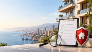 Top 10 pest control companies in Lebanon comparison illustrated with a checklist and coastal apartment building