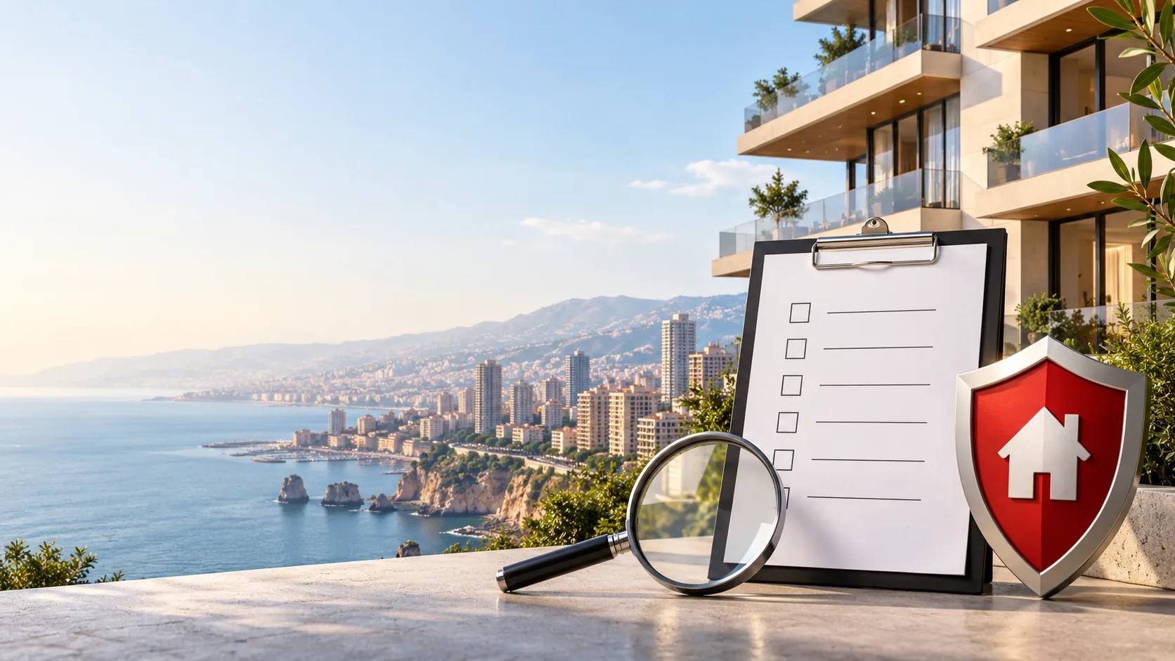 Top 10 pest control companies in Lebanon comparison illustrated with a checklist and coastal apartment building